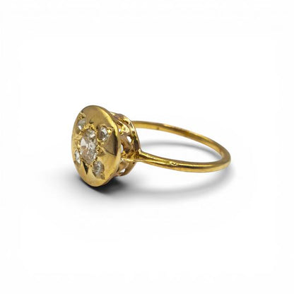 Antique 18ct yellow gold diamond ring with vintage design, unbranded with intricate detailing and sparkling diamond accents.