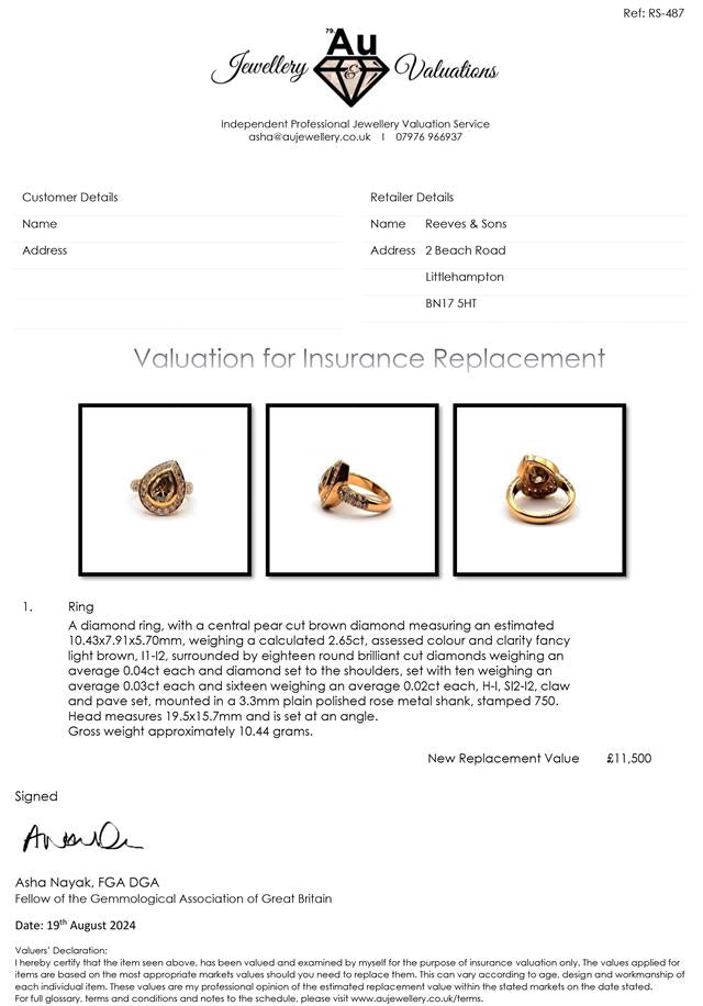 18ct rose gold ring with a 2.65 carat pear cut brown diamond, showcasing an elegant and sparkling jewelry piece.