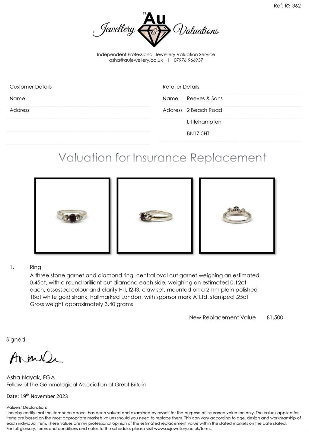18ct white gold ring with 0.24ct diamonds and 0.45ct garnet, featuring a sleek, elegant design and sparkling gemstone accents.