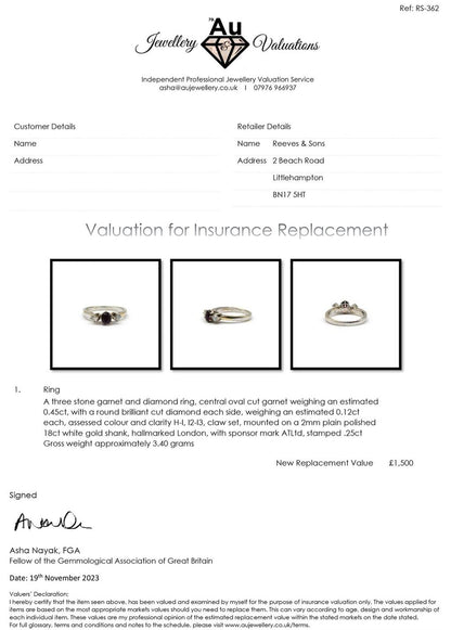 18ct white gold ring with 0.24ct diamonds and 0.45ct garnet, featuring a sleek, elegant design and sparkling gemstone accents.
