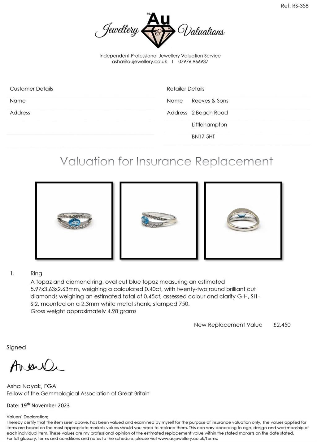 18ct white gold ring featuring a 0.40-carat topaz and 0.45-carat diamond, showcasing elegant jewelry design and craftsmanship.