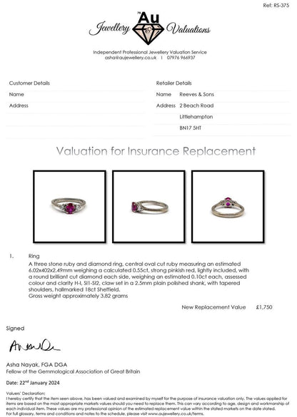 18ct white gold ring with a 0.55 carat ruby and 0.20 carat diamond accent, showcasing a sleek and elegant jewelry design.