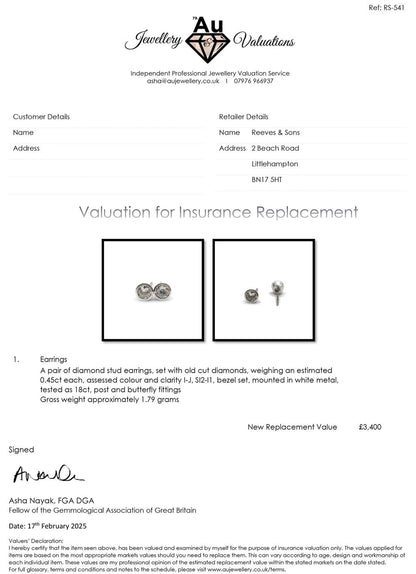 18ct white gold diamond stud earrings with 0.90 carat total weight, featuring sparkling round-cut diamonds and a classic design.