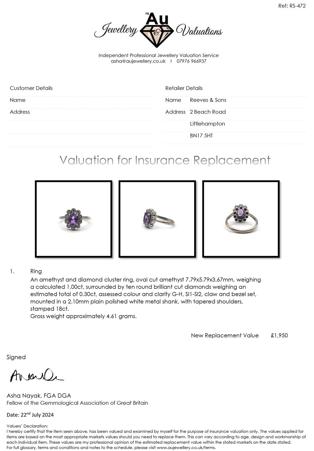 18ct white gold ring with 1.00 carat amethyst and 0.30 carat diamond, size P1/2, featuring a stunning gemstone design.