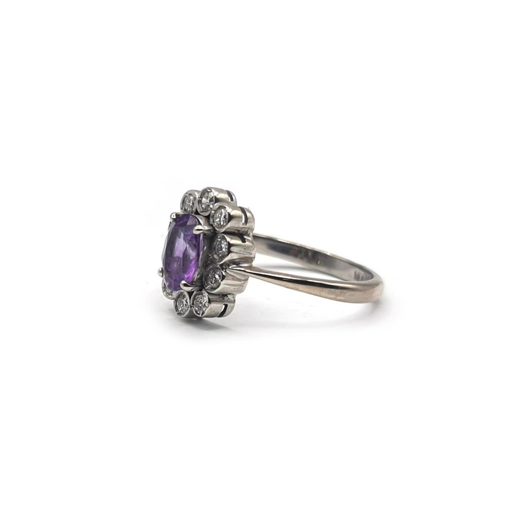 18ct white gold ring with 1.00 carat amethyst and 0.30 carat diamond, size P1/2, featuring a vibrant purple gemstone and sparkling accents.