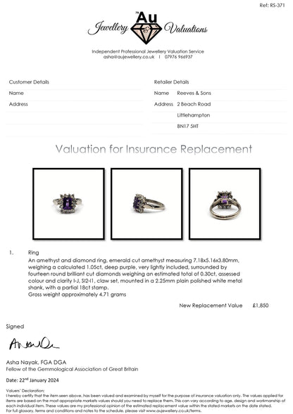 18ct white gold ring with a 1.05 carat emerald cut amethyst and 0.30 carat diamond accent, showcased on a jewelry display.