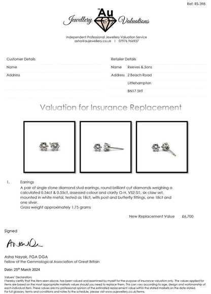 18ct white gold diamond stud earrings with a 1.09 carat single stone, featuring a classic and elegant design.