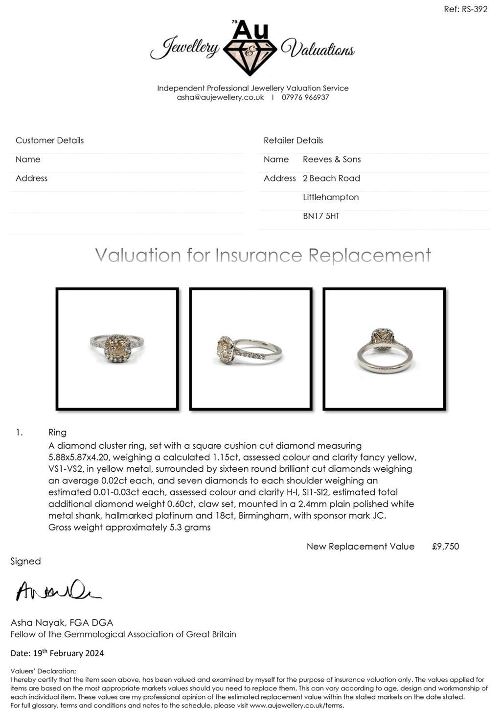 18ct white gold ring with 1.15 carat fancy yellow diamond and 0.60 carat diamond halo setting, featuring VS1 clarity.