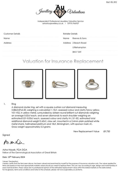 18ct white gold ring with 1.15 carat fancy yellow diamond and 0.60 carat diamond halo setting, featuring VS1 clarity.