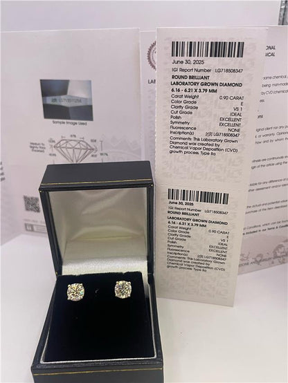 18ct white gold lab-created diamond earrings with 1.80 carats, colour E, VS1 clarity, IGI certification, elegant jewelry.