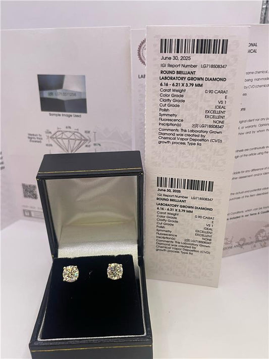 18ct white gold lab-created diamond earrings with 1.80 carats, colour E, VS1 clarity, IGI certification, elegant jewelry.
