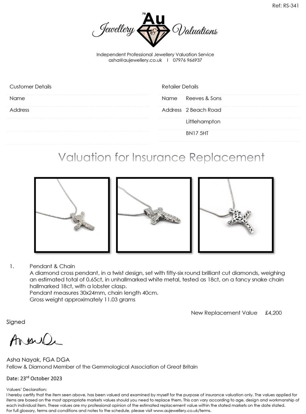 18ct white gold chain with 0.65 carat diamond twist cross pendant, elegant jewelry piece with intricate design.