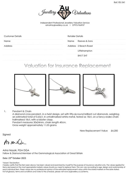 18ct white gold chain with 0.65 carat diamond twist cross pendant, elegant jewelry piece with intricate design.