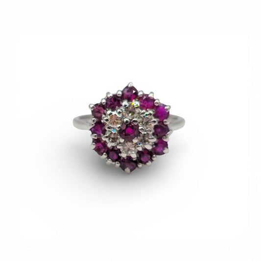 18ct white gold diamond and ruby ring with sparkling gemstones, elegant design, unbranded jewelry piece, close-up view.