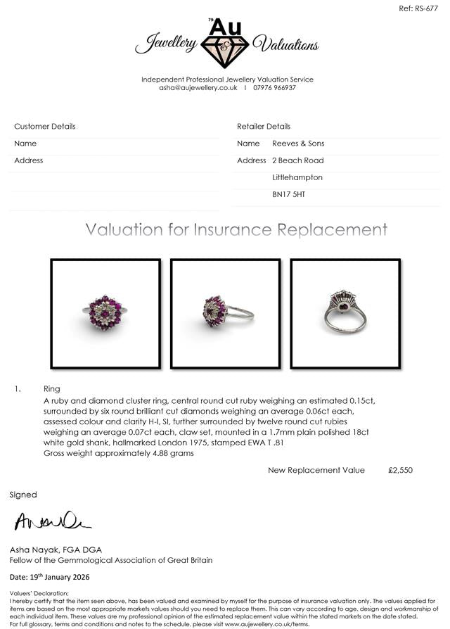 18ct white gold ring with diamonds and rubies, featuring a detailed design and sparkling gemstones.