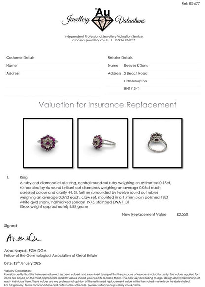 18ct white gold ring with diamonds and rubies, featuring a detailed design and sparkling gemstones.
