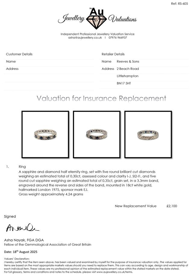 18ct white gold diamond and sapphire half eternity ring with alternating gemstones, elegant and sparkling jewelry piece.