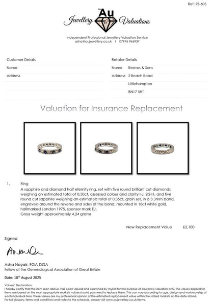 18ct white gold diamond and sapphire half eternity ring with alternating gemstones, elegant and sparkling jewelry piece.