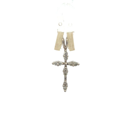 18ct white gold diamond cross pendant with sparkling diamonds, weighing 0.8g, displayed against a neutral background.