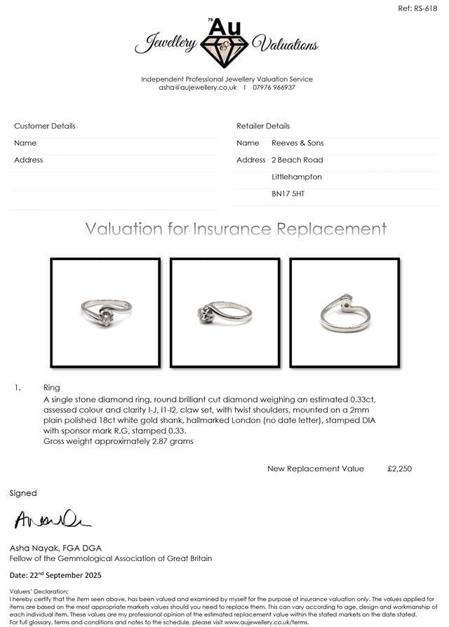 18ct white gold diamond ring with sparkling diamonds, showcasing elegant craftsmanship and a classic design.