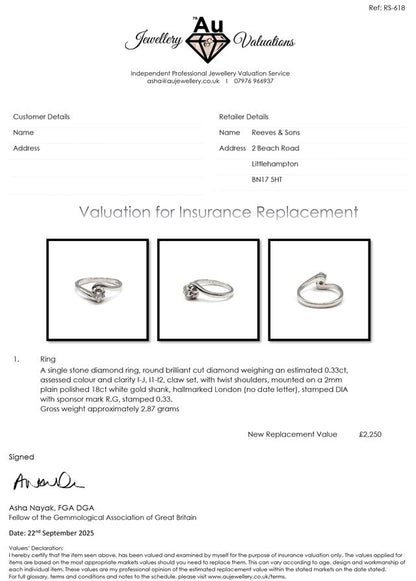 18ct white gold diamond ring with sparkling diamonds, showcasing elegant craftsmanship and a classic design.
