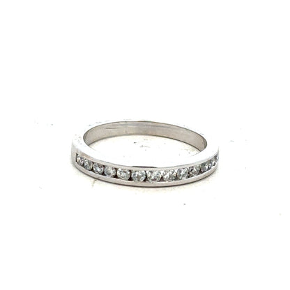 18ct white gold diamond ring in size J with sparkling diamonds, featuring a sleek and elegant design.