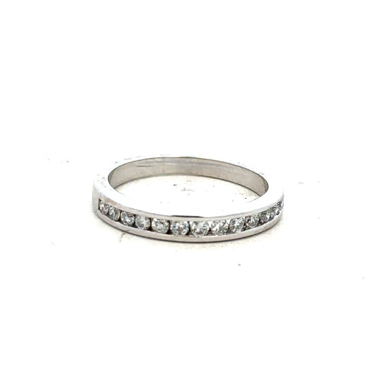 18ct white gold diamond ring in size J with sparkling diamonds, featuring a sleek and elegant design.