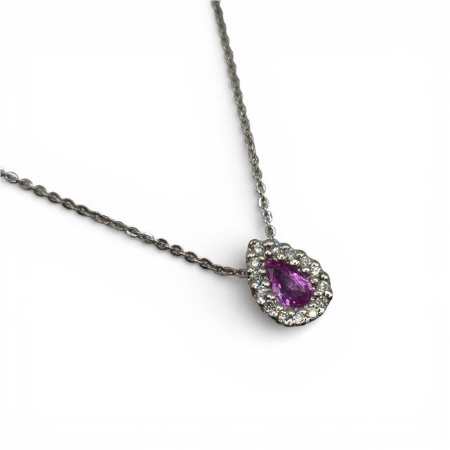 18ct white gold pendant with pink sapphire and diamonds, featuring a delicate design and sparkling gemstone accents.