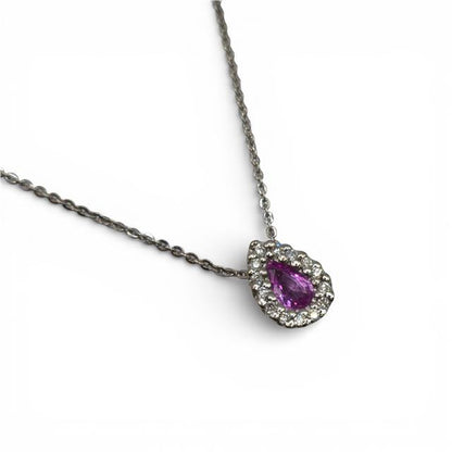 18ct white gold pendant with pink sapphire and diamonds, featuring a delicate design and sparkling gemstone accents.