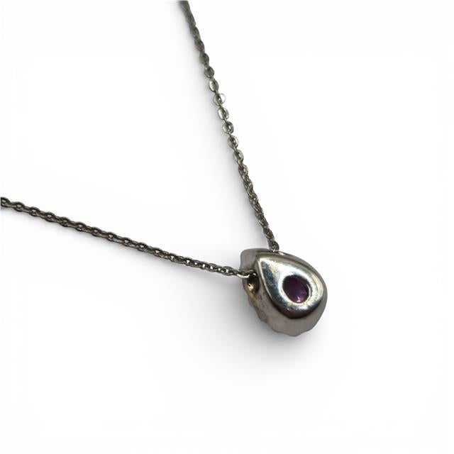 18ct white gold pendant with pink sapphire and diamonds, featuring a delicate design with sparkling gemstones.