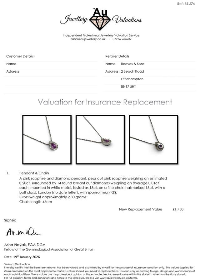 18ct white gold pendant with pink sapphire and diamonds, featuring a delicate design and sparkling gemstones.