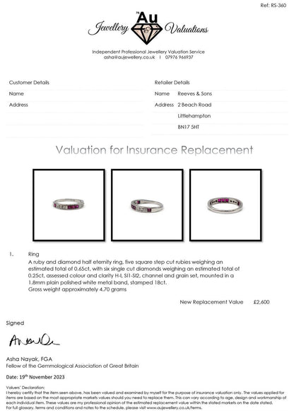 18ct white gold ruby and diamond half eternity ring with alternating gemstones, showcasing elegant design and sparkling accents.