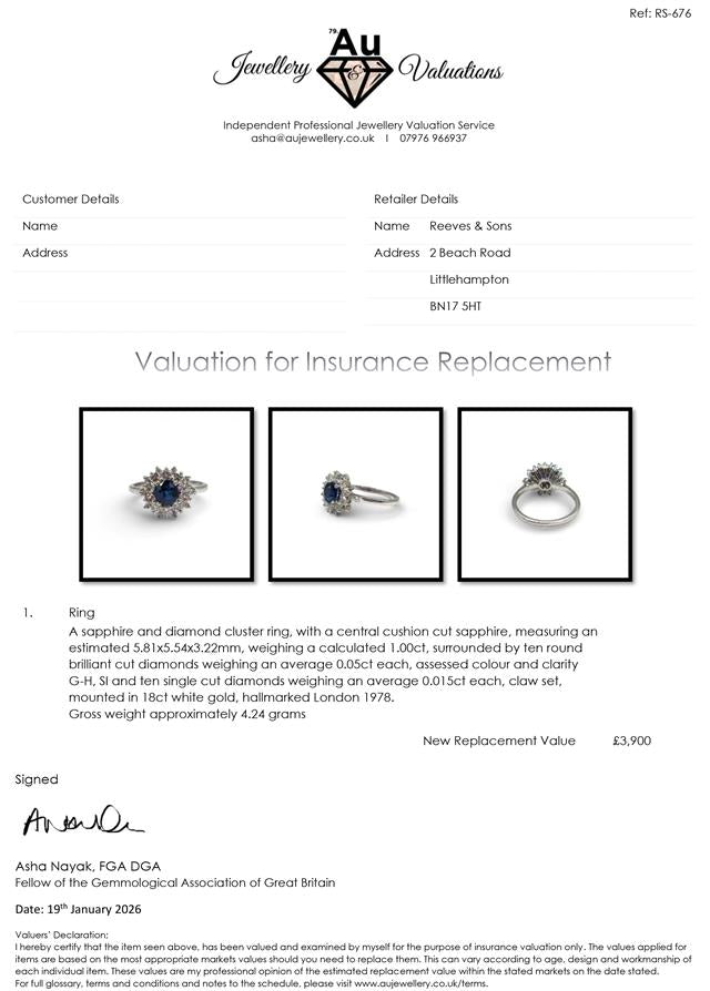 18ct white gold sapphire and diamond ring featuring a central sapphire gemstone and sparkling diamonds on a sleek band.