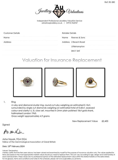 18ct yellow gold ruby and diamond cluster ring in size Q, featuring 0.15 carat ruby and 0.60 carat diamonds.