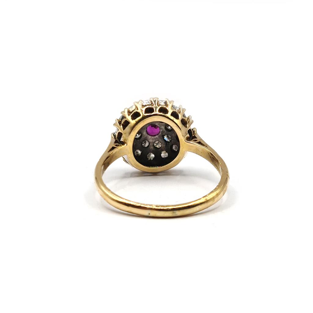 18ct yellow gold ruby and diamond cluster ring with 0.15 carat ruby and 0.60 carat diamonds, size Q, unbranded jewelry.