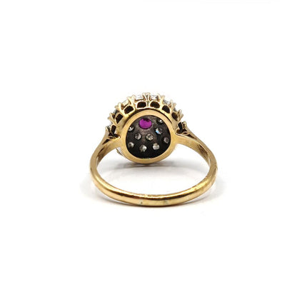 18ct yellow gold ruby and diamond cluster ring with 0.15 carat ruby and 0.60 carat diamonds, size Q, unbranded jewelry.