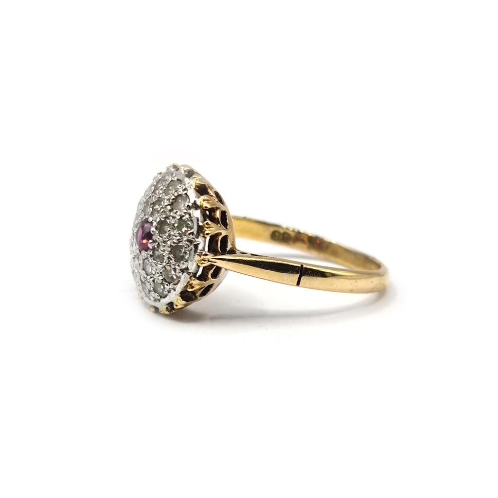 18ct yellow gold ruby and diamond cluster ring, size Q featuring 0.15 carat ruby and 0.60 carat diamonds, elegant fine jewelry piece.