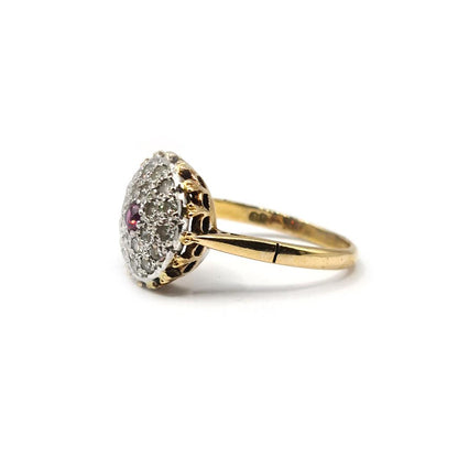 18ct yellow gold ruby and diamond cluster ring, size Q featuring 0.15 carat ruby and 0.60 carat diamonds, elegant fine jewelry piece.