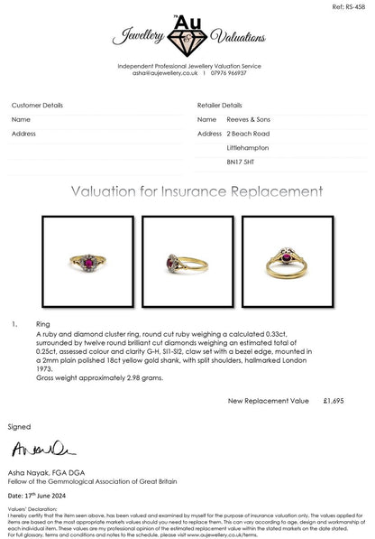 18ct yellow gold ring with a 0.33 carat ruby and 1/4 carat diamond, showcasing a fine and elegant jewelry design.