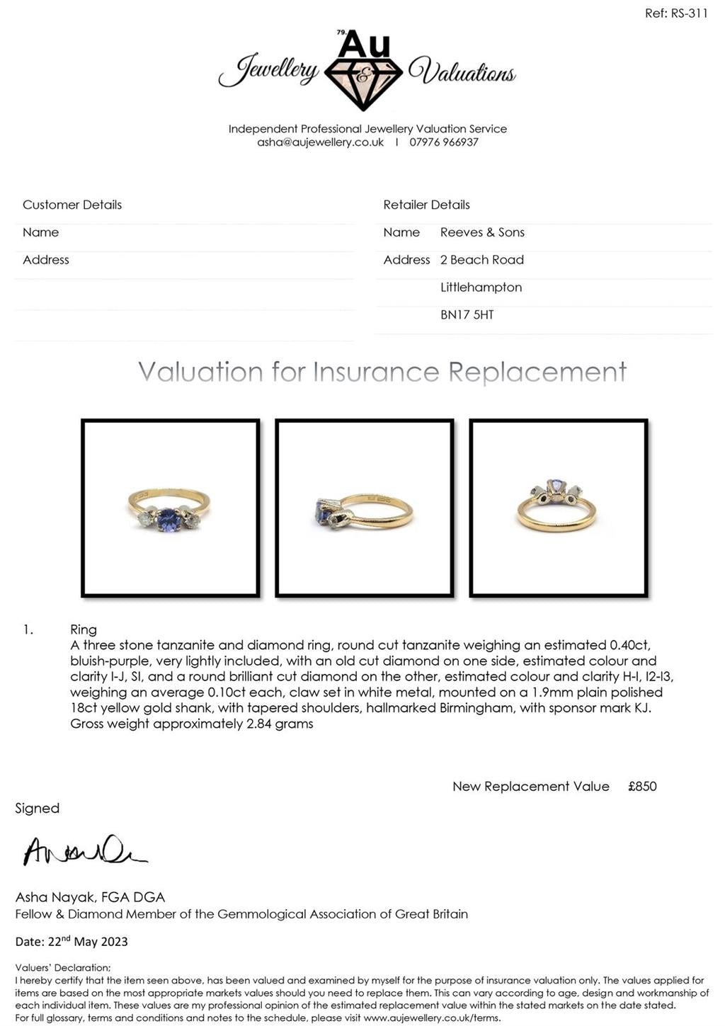18ct yellow gold ring featuring a 0.40 carat tanzanite gemstone and 0.20 carat diamonds, elegant jewelry design.