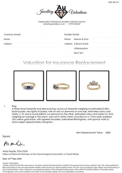 18ct yellow gold ring featuring a 0.40 carat tanzanite gemstone and 0.20 carat diamonds, elegant jewelry design.