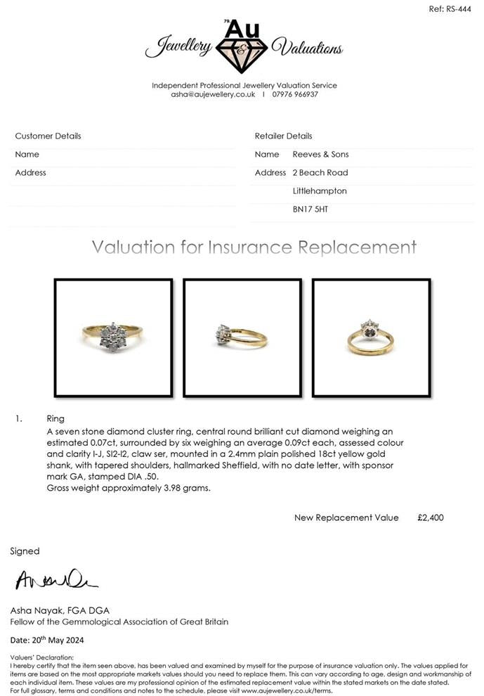18ct yellow gold diamond cluster ring with 0.50 carats, size N, featuring a sparkling diamond design.