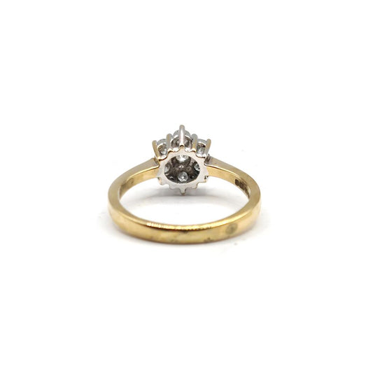 18ct yellow gold diamond cluster ring with 0.50 carats, size N, unbranded, showcasing a sparkling gemstone design.