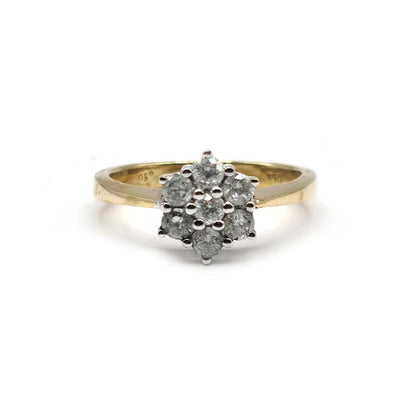 18ct yellow gold diamond cluster ring with 0.50 carats, size N, featuring a sparkling diamond design on a warm gold band.
