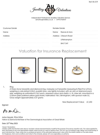 18ct yellow gold ring with a 0.50 carat tanzanite gemstone and 0.30 carat diamond accents, elegant jewelry piece.