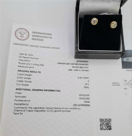 18ct yellow gold lab diamond earrings with 0.84ct lab-grown diamonds, colour E, VS1 clarity, IGI certification.