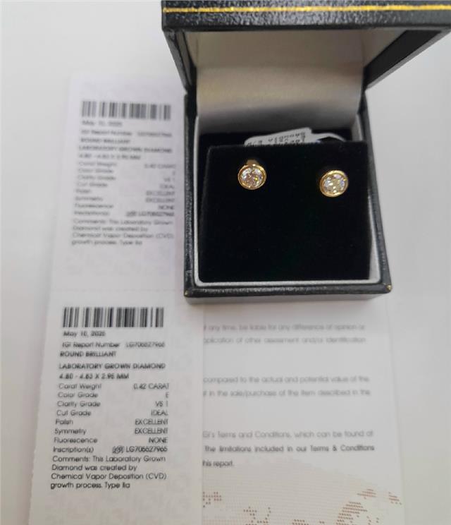 18ct yellow gold lab diamond earrings with 0.84ct total weight, color E, VS1 clarity, featuring sparkling diamonds and classic design