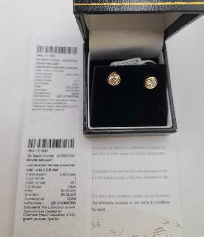 18ct yellow gold lab diamond earrings with 0.84ct total weight, color E, VS1 clarity, featuring sparkling diamonds and classic design