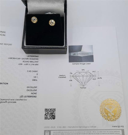 18ct yellow gold lab diamond earrings with 0.84ct, color E, VS1 clarity, featuring sparkling diamonds and a classic design.
