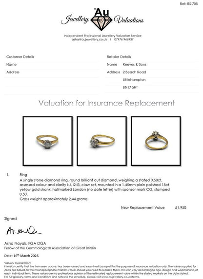 18ct yellow gold diamond ring with 1/2 carat sparkling diamonds, elegant jewelry piece with a classic design.